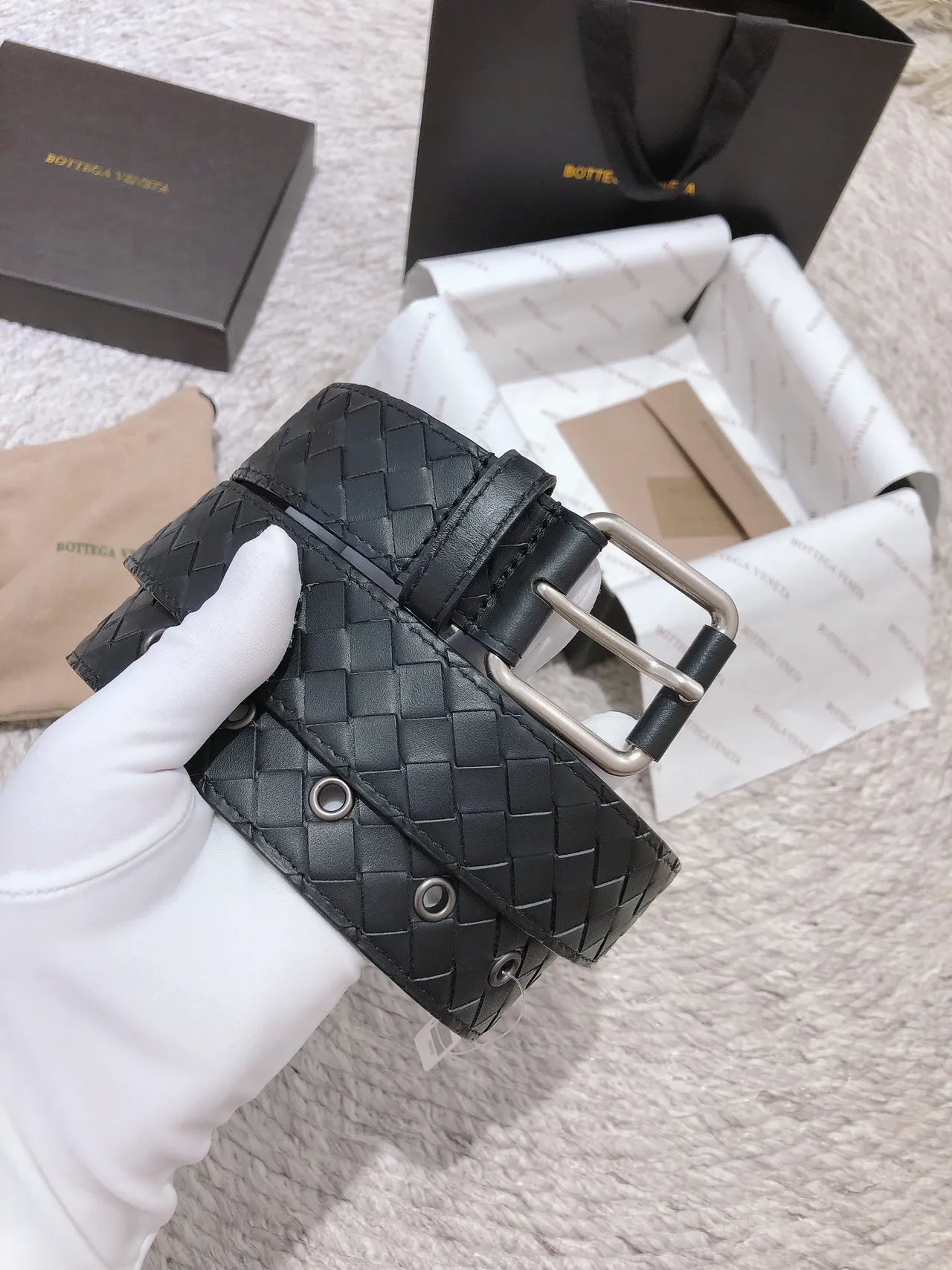 Bottega Veneta Intrecciato حزام جلد أسود فضي منسوج بكل مستطيل 8