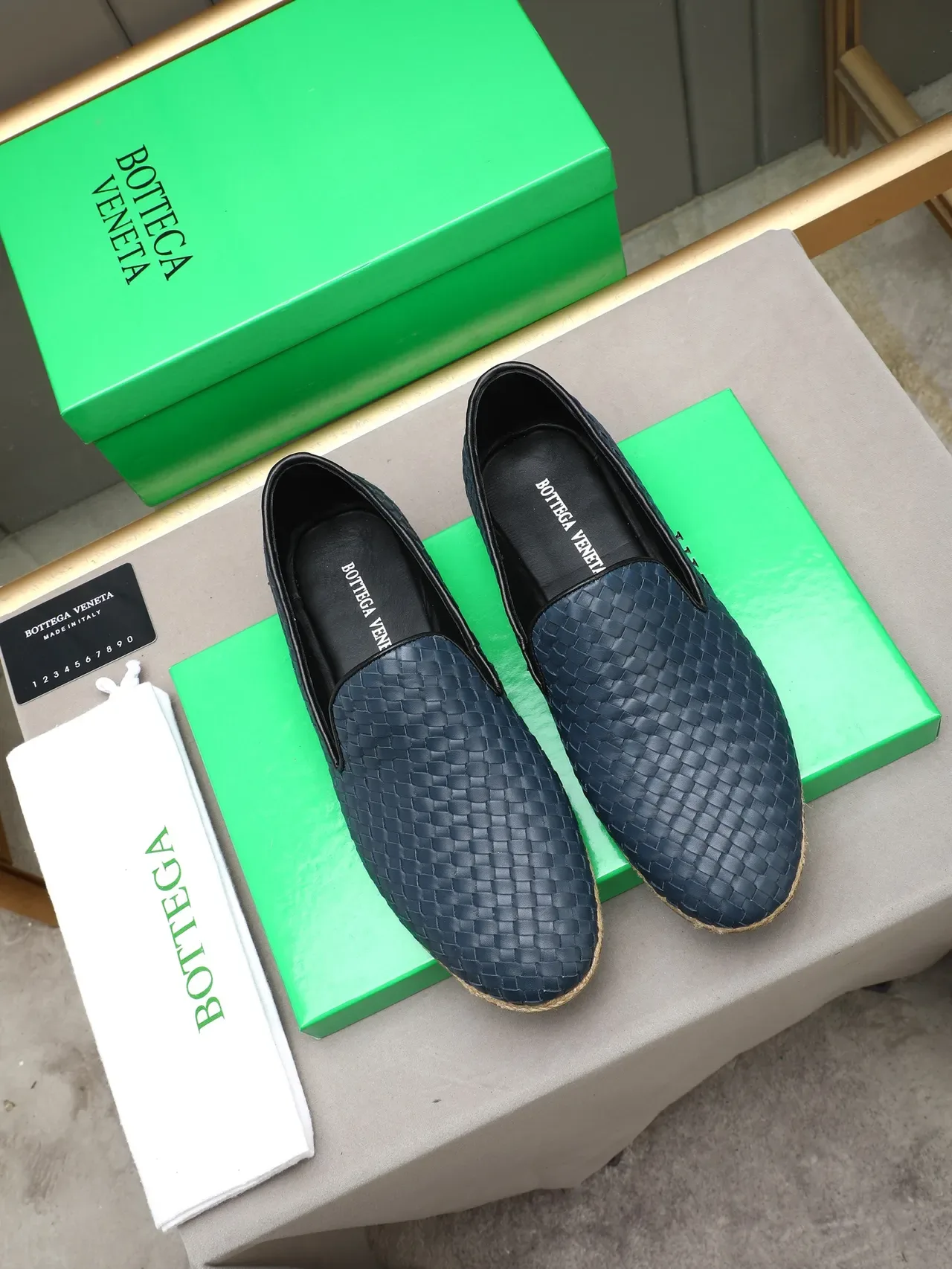 Bottega Veneta Navy Beige Intrecciato Woven Leather Espadrille Sole Loafer 3