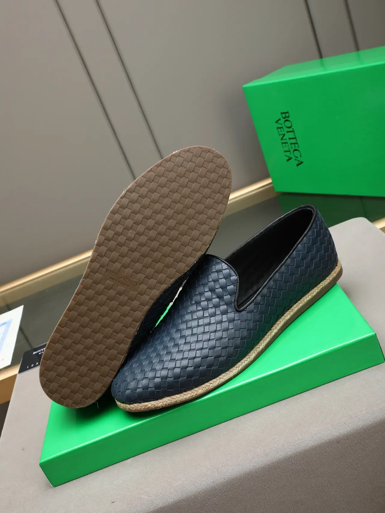 Bottega Veneta Navy Beige Intrecciato Woven Leather Espadrille Sole Loafer 4