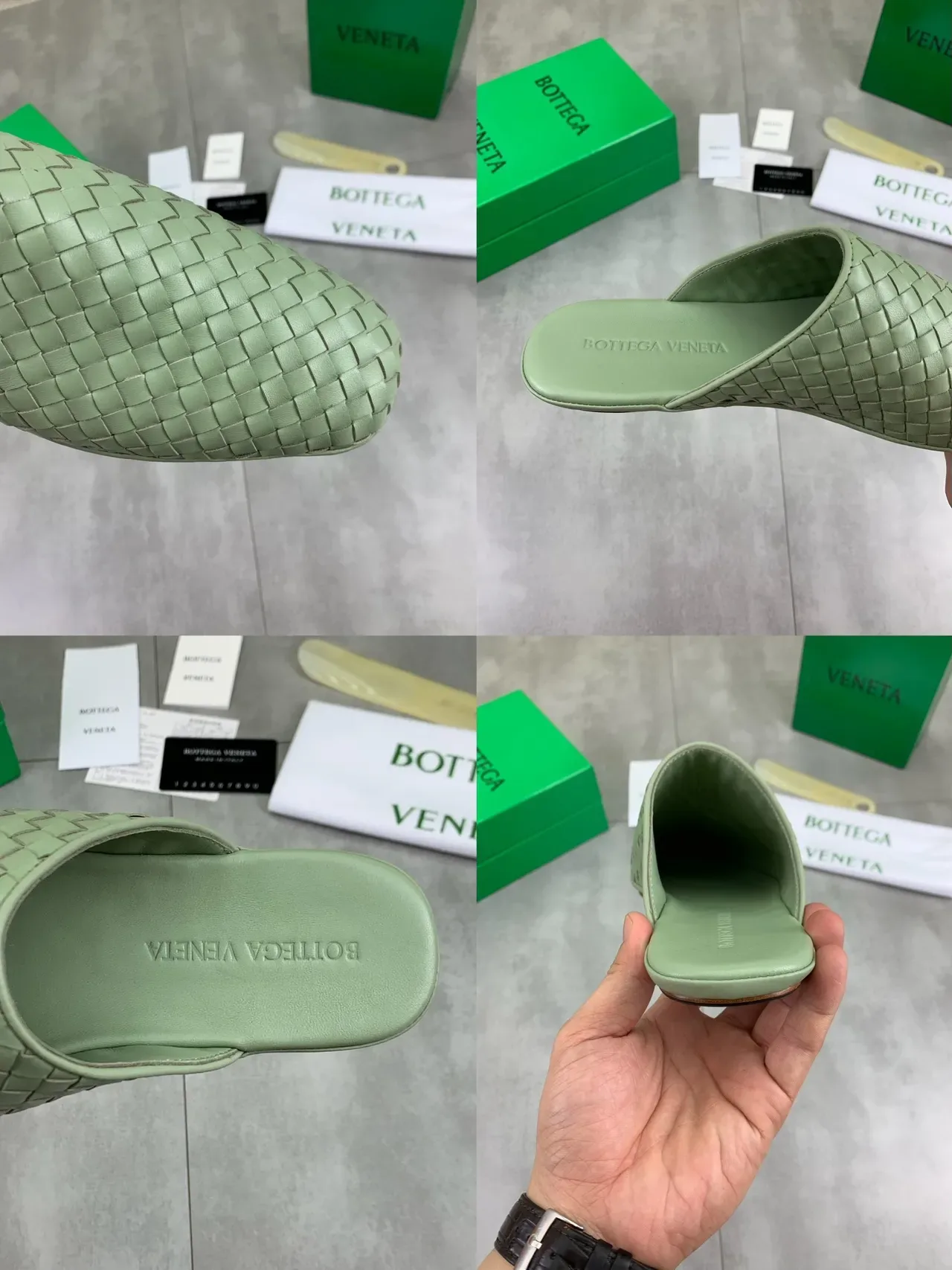 Bottega Veneta Sardine Green Woven Intrecciato Leather Backless Slip-On Casual Shoes 3