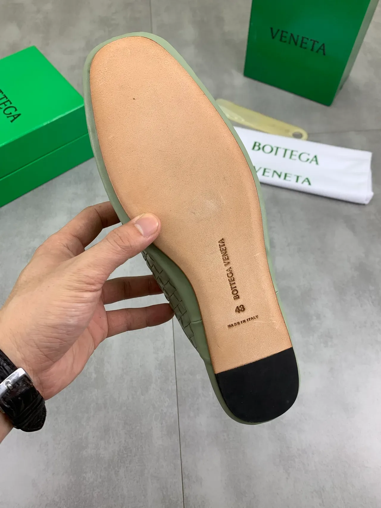 Bottega Veneta Sardine Green Woven Intrecciato Leather Backless Slip-On Casual Shoes 4