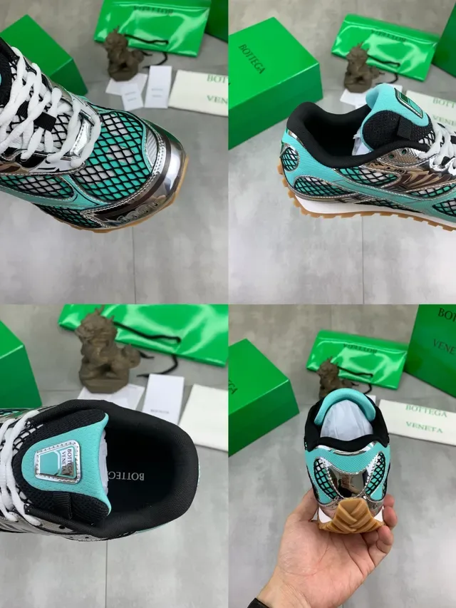 Bottega Veneta Turquoise and Silver Mesh Metallic Sneakers 2