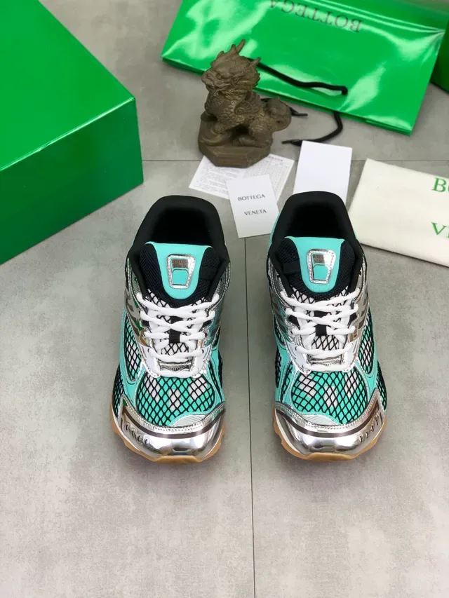 Bottega Veneta Turquoise and Silver Mesh Metallic Sneakers 4