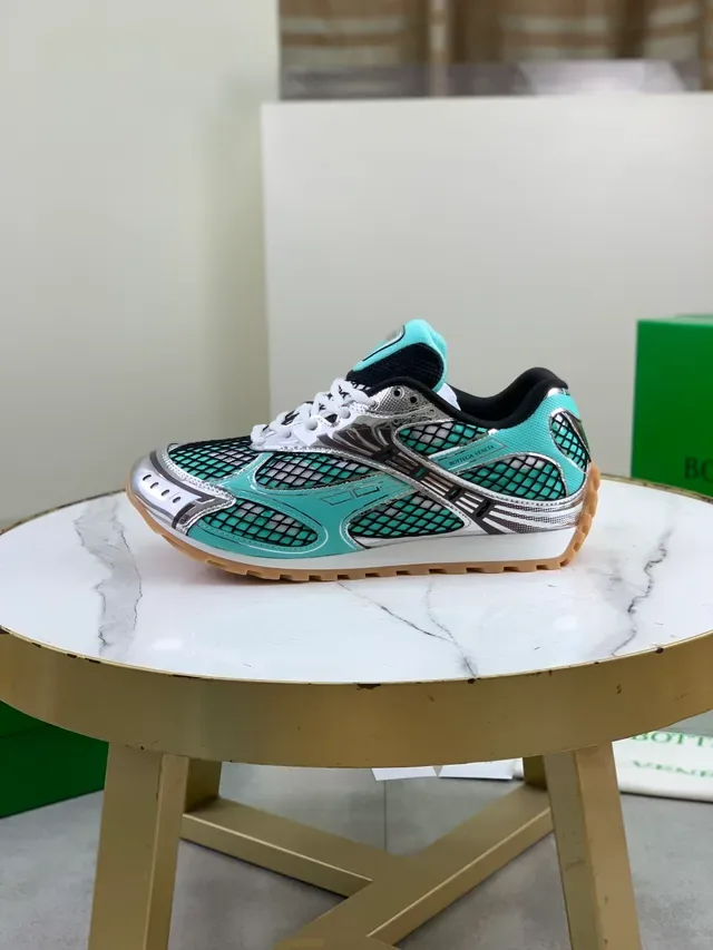 Bottega Veneta Turquoise and Silver Mesh Metallic Sneakers 5