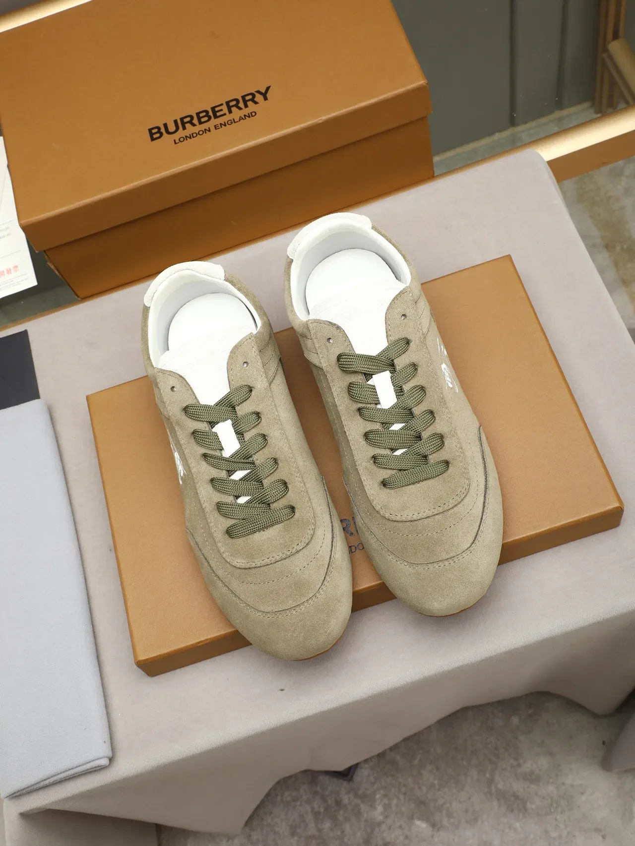 Burberry Beige Green Suede Upper Embroidered Equestrian Knight Logo Sneakers 2