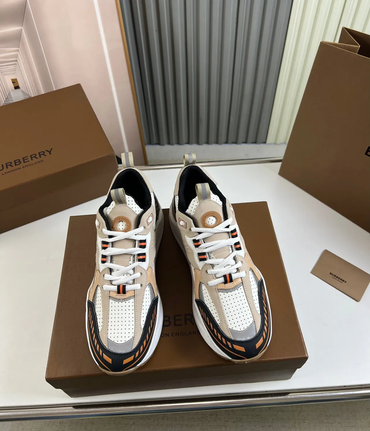 Burberry Beige Multicolor Sole Perforated Mesh Panels Chunky Sneakers 9