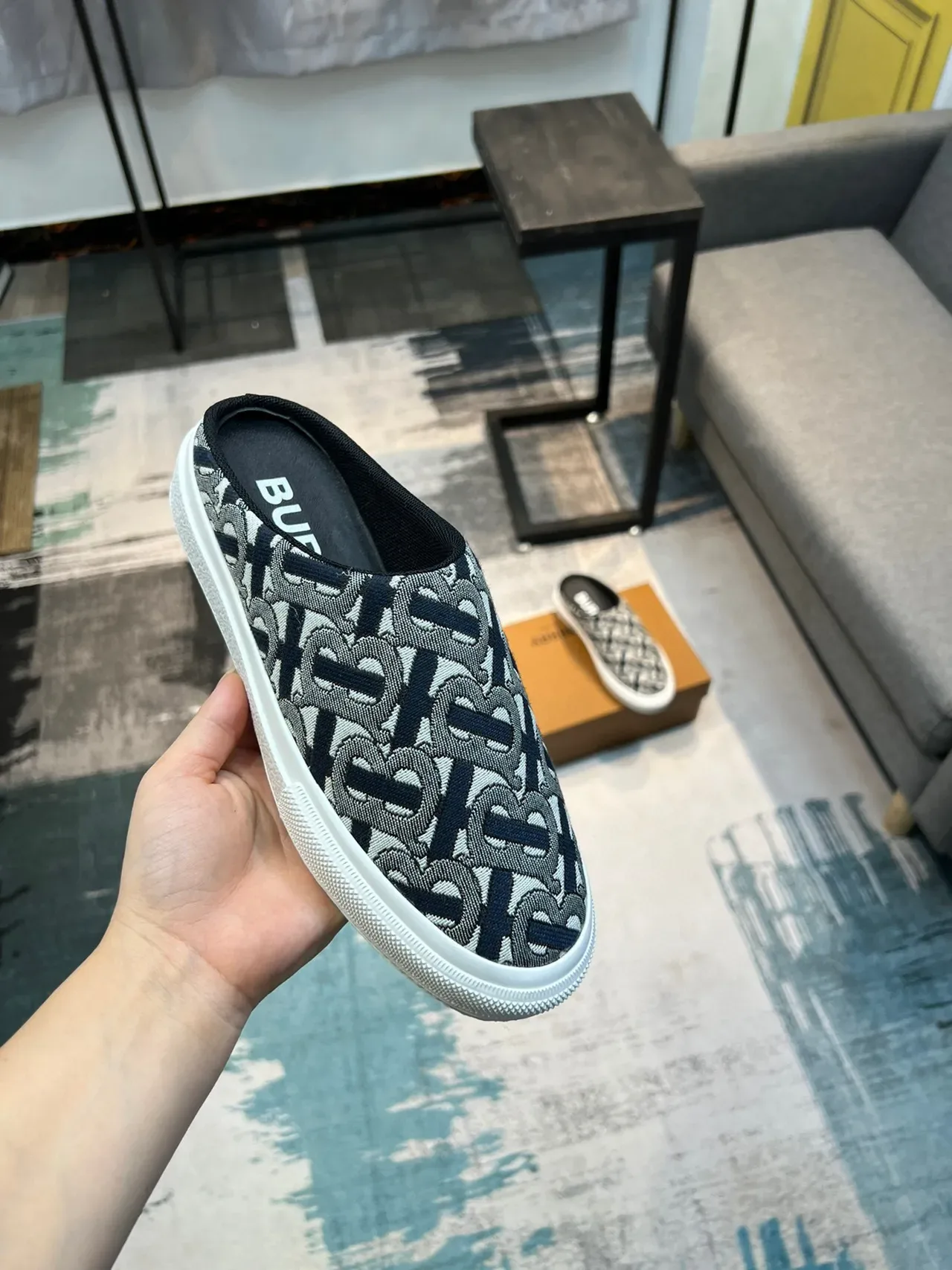 Burberry Beige Navy Monogram Jacquard Upper Backless Mule Silhouette Casual Shoes 3