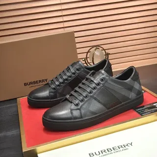 Burberry Black Gray Leather-and-Check-Panel Construction Low-Top Lace-Up Lifestyle Sneakers