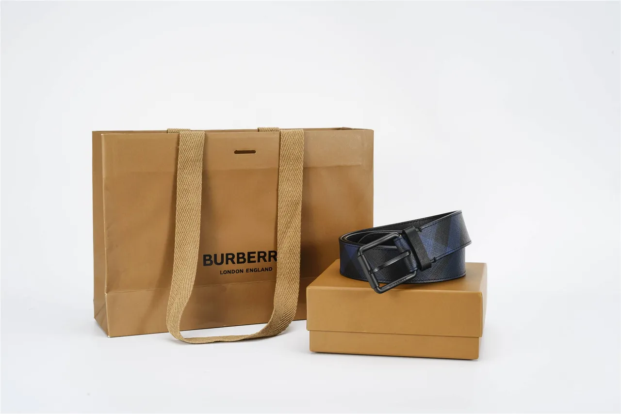Burberry Check Pattern Blue and Black Leather Belt 6