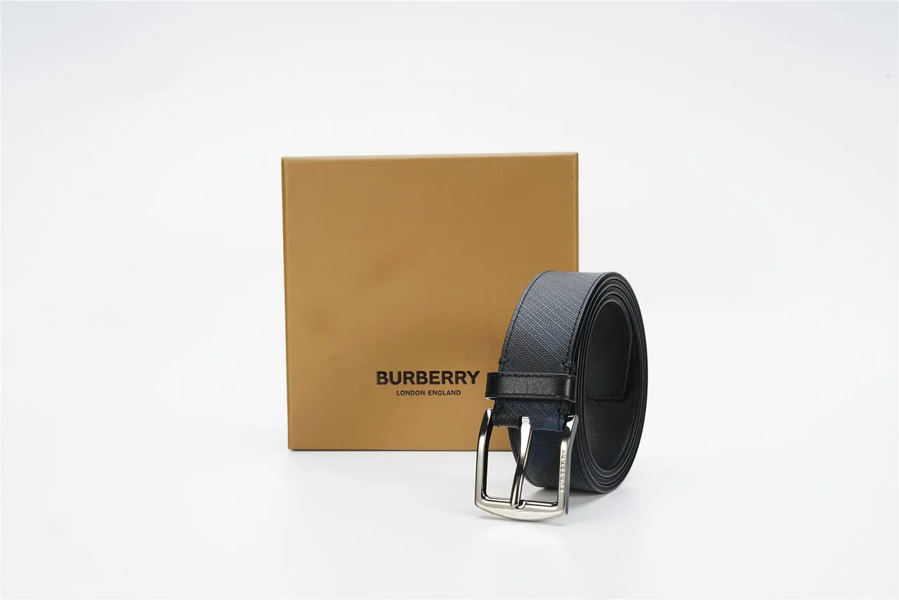 Burberry Diagonal Check Navy and Black Leather Belt 5