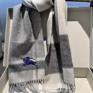Burberry 灰蓝格子图案绣徽标羊绒围巾