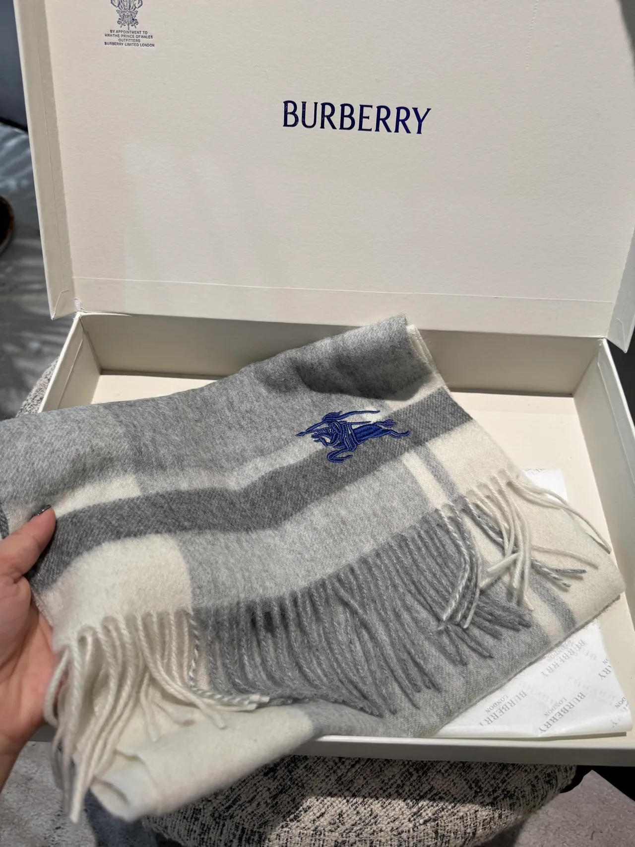 Burberry Gray Blue Check-Patterned Embroidered Logo Cashmere Scarf 5