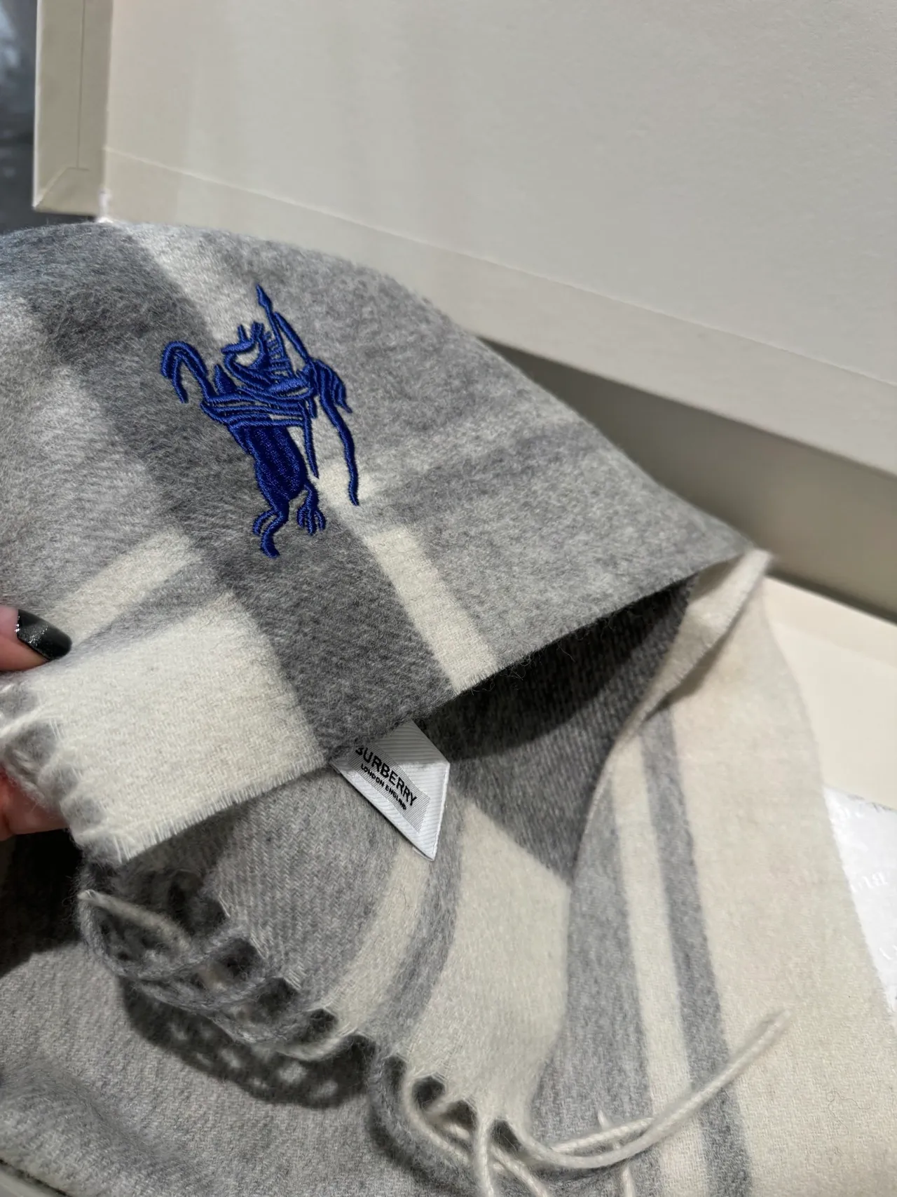 Burberry Gray Blue Check-Patterned Embroidered Logo Cashmere Scarf 6