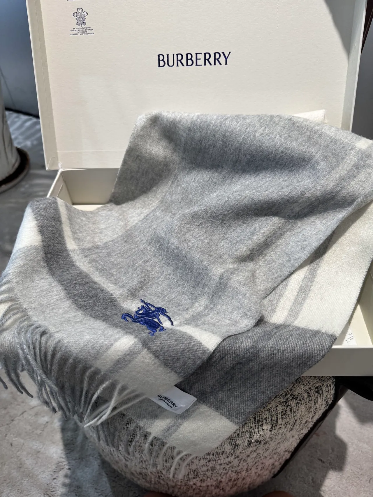 Burberry Gray Blue Check-Patterned Embroidered Logo Cashmere Scarf 7