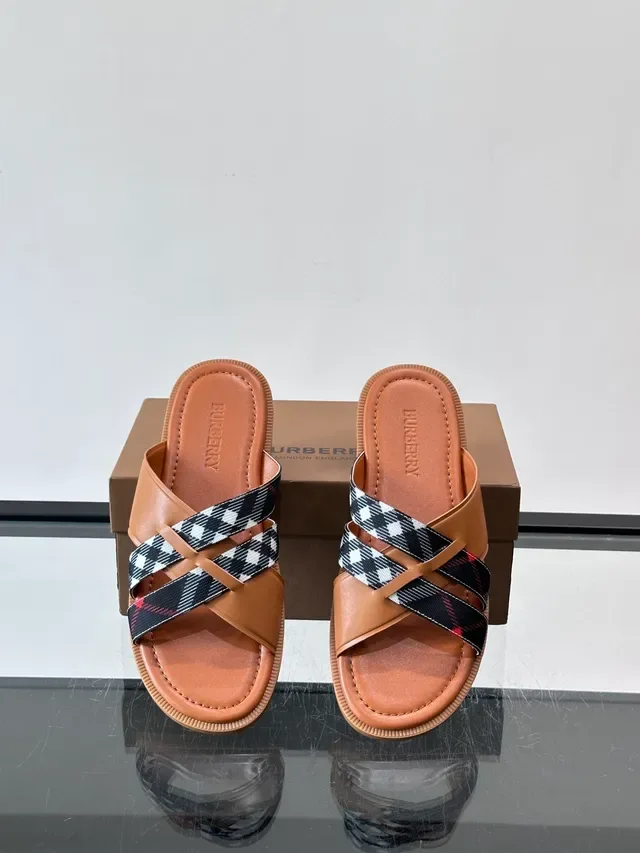 Burberry House Check Slide Multicolor Crisscross Strap Pattern Slippers 9
