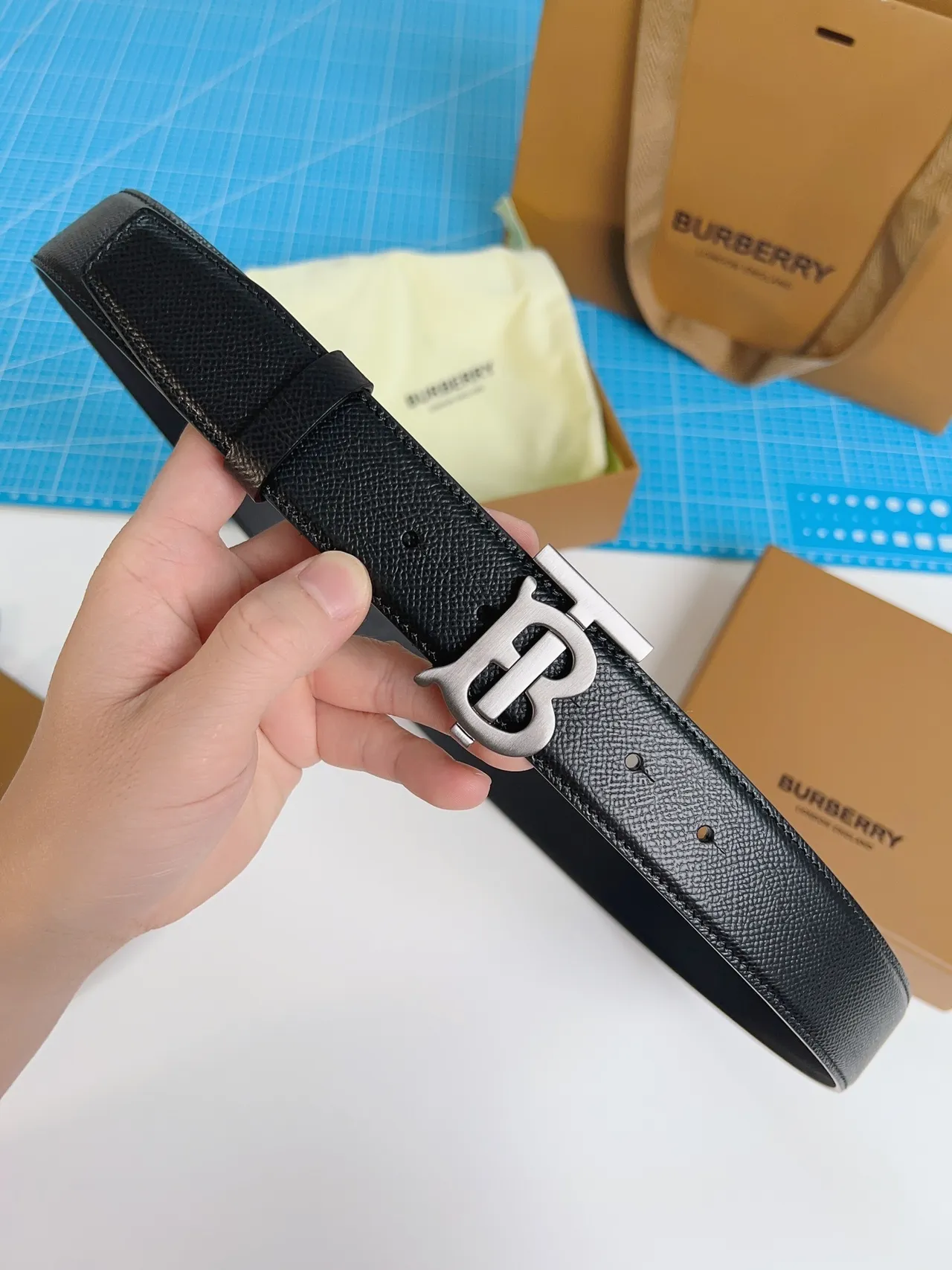 Burberry Knight Black Textured Leather Belt 8