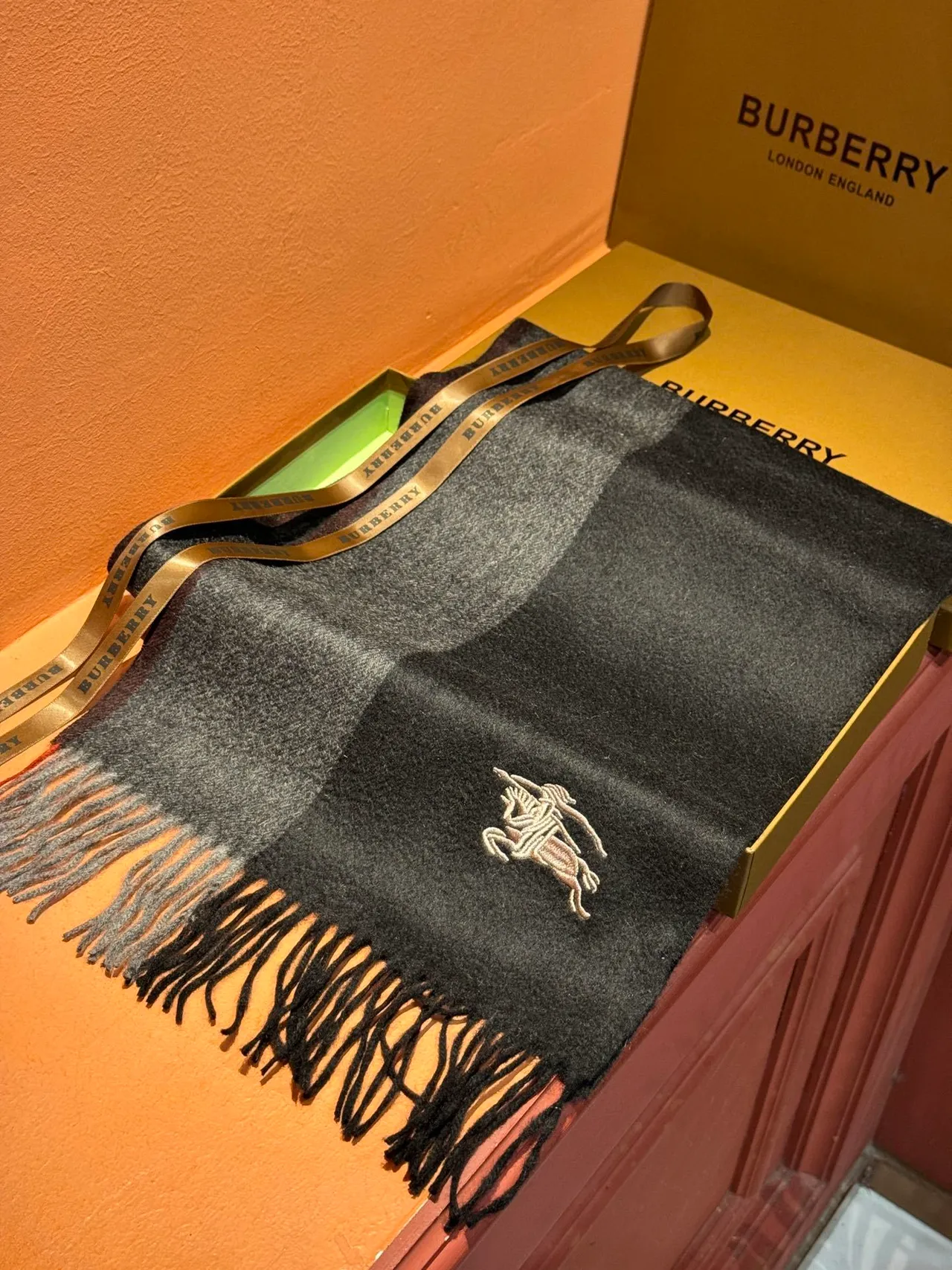 Burberry Knight Écharpe Brodée Cachemire Noire Charbon 6