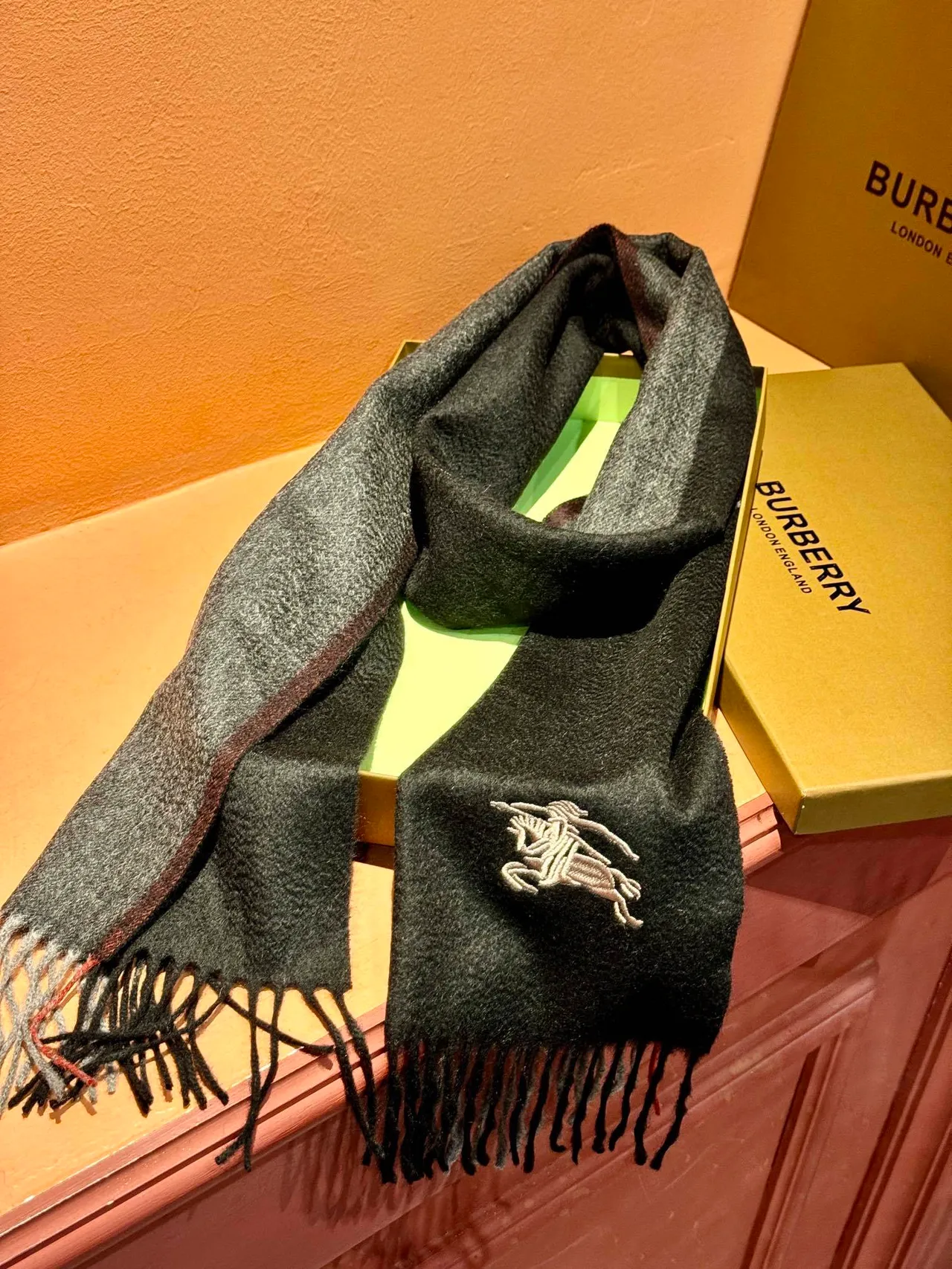 Burberry Knight Écharpe Brodée Cachemire Noire Charbon 9