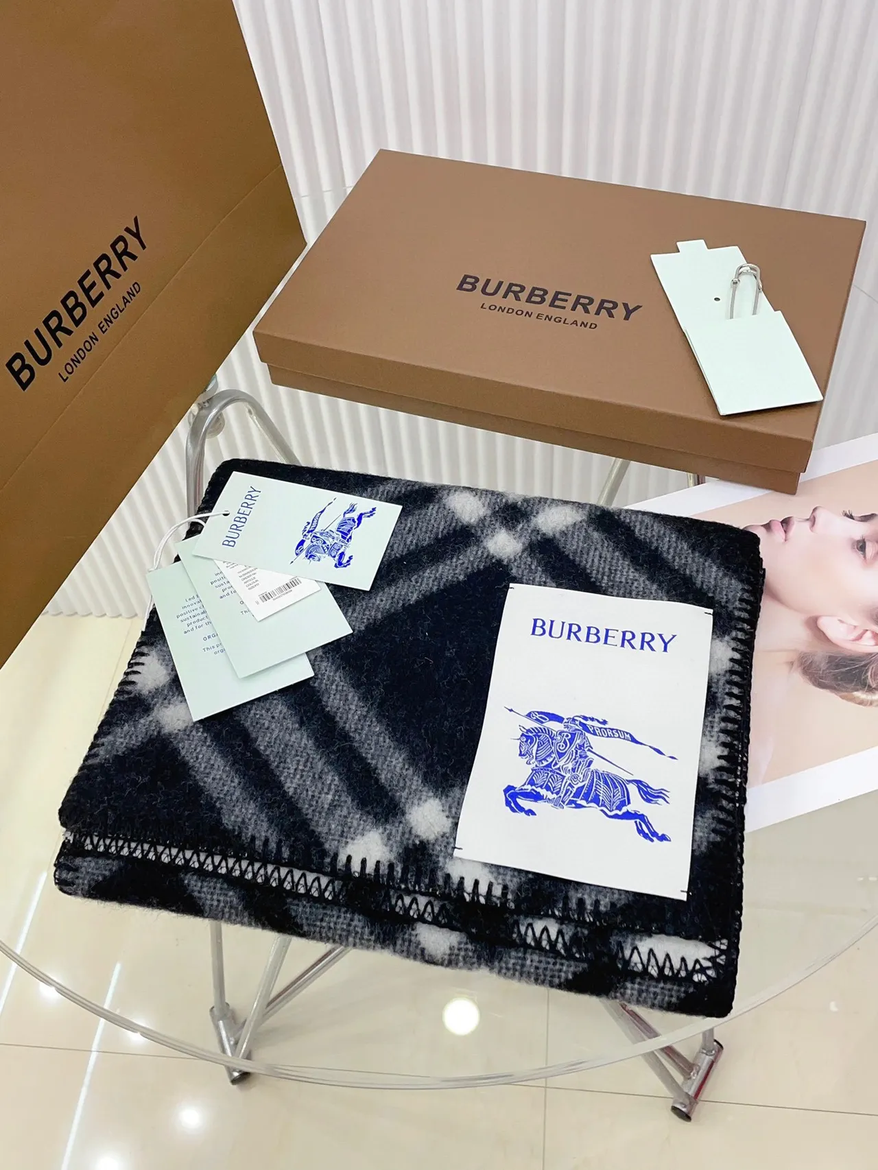 Burberry Nova Check Écharpe de Cachemire Navy et Blanc 7