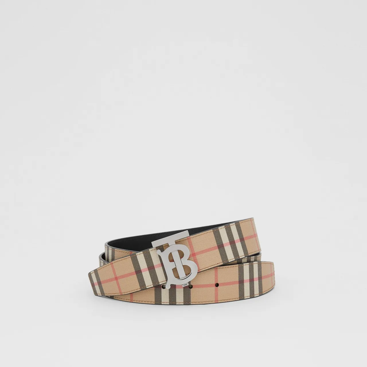 Burberry TB Belt حزام بيج مربعات قماش جلد 7
