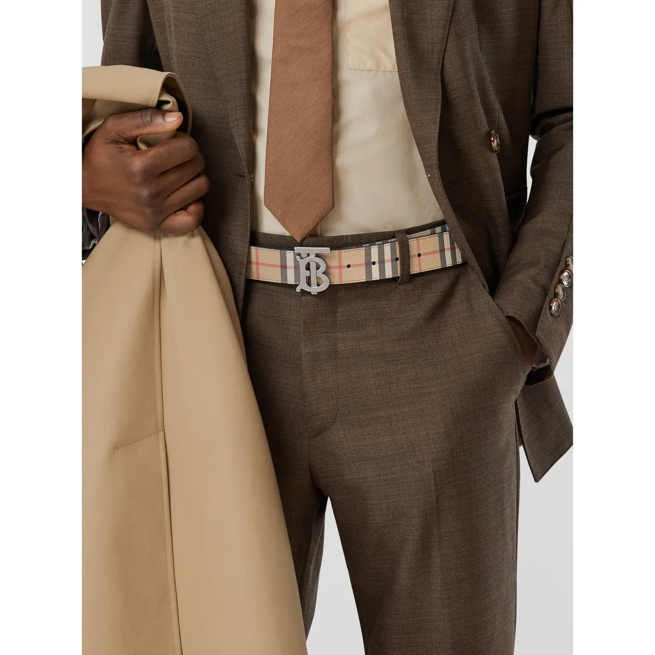 Burberry TB Belt حزام بيج مربعات قماش جلد 9