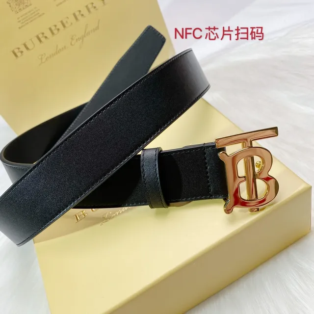 Burberry TB Belt Cinto Preto Dourado Liso Monograma Fivela Couro 6