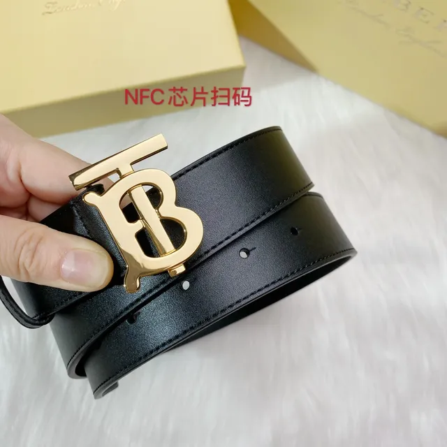 Burberry TB Belt Cinto Preto Dourado Liso Monograma Fivela Couro 8