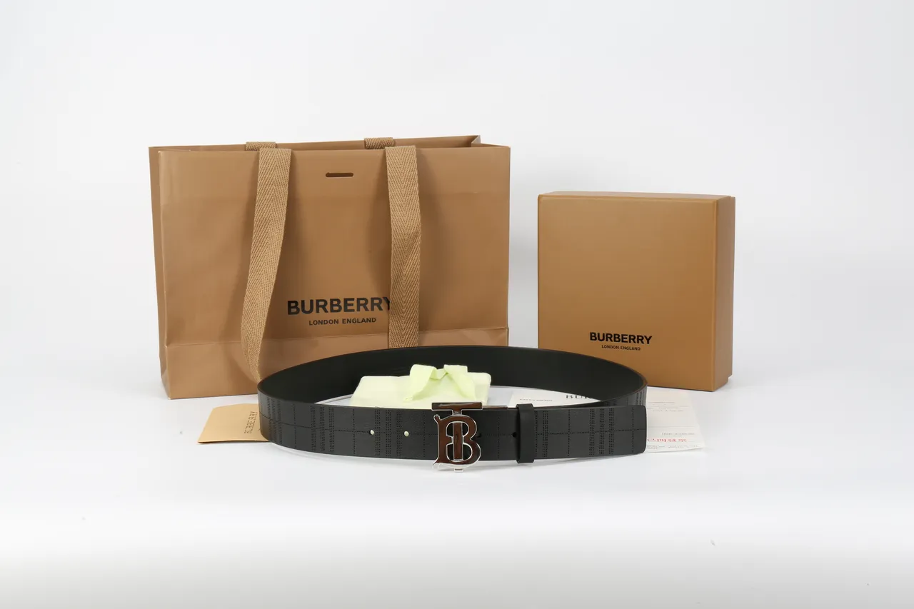 Burberry TB Monogram Perforated Check Black Leather Belt 2