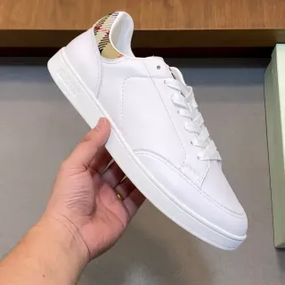 Burberry White Beige Minimalist Leather Check-Print Heel Tab Lifestyle Sneakers