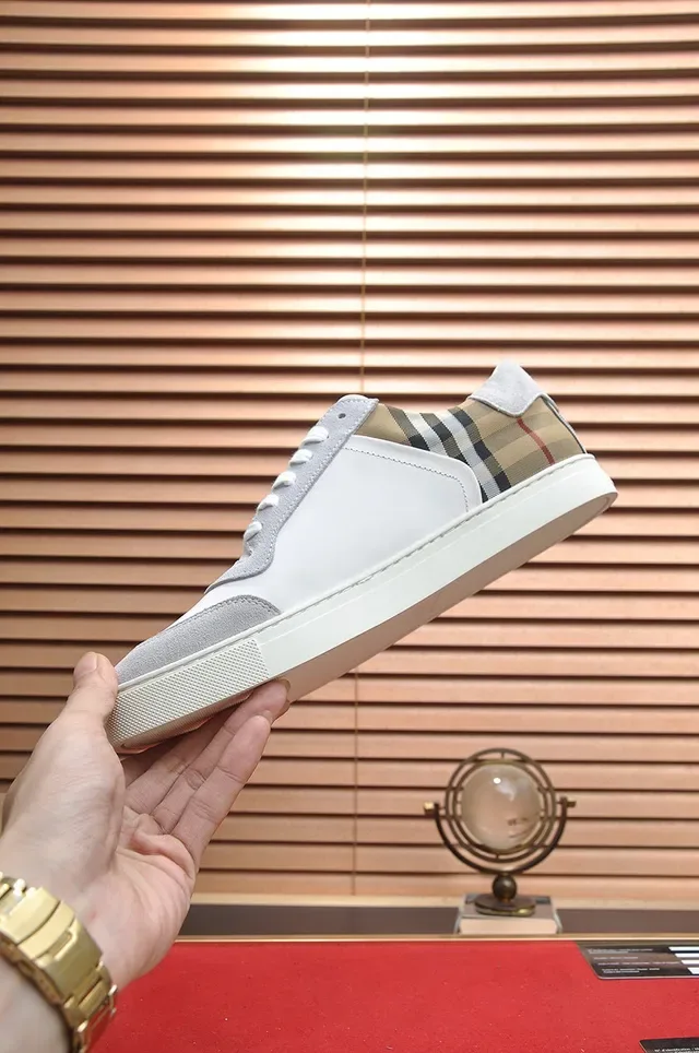 Burberry Branco Bege Couro E Camurça Superior House Check Heel Accent Tênis Lifestyle 6