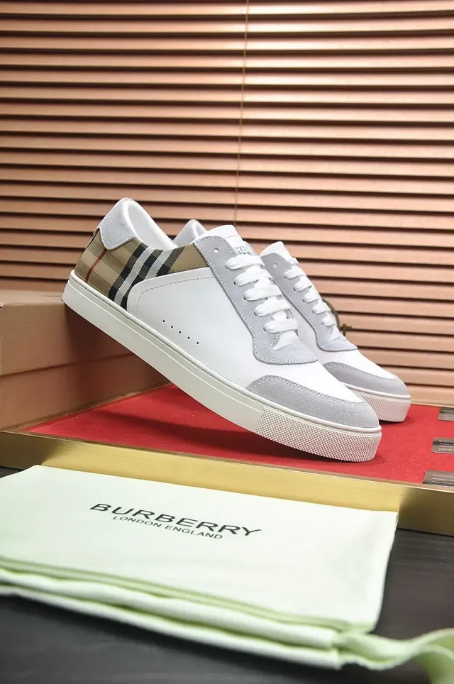 Burberry Branco Bege Couro E Camurça Superior House Check Heel Accent Tênis Lifestyle 8