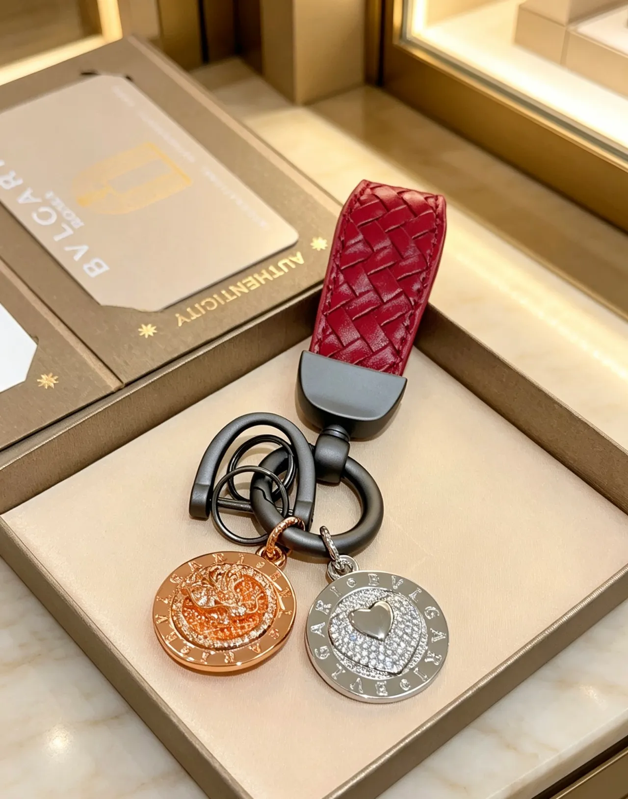 Bvlgari Porte-clés double médaille charme Or rouge sangle cuir tissé médaillons de pièce bijoux 2