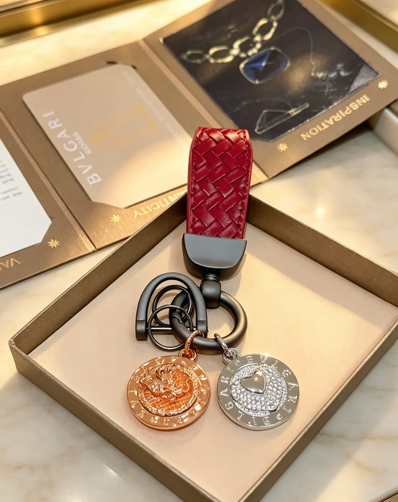 Bvlgari Porte-clés double médaille charme Or rouge sangle cuir tissé médaillons de pièce bijoux 6