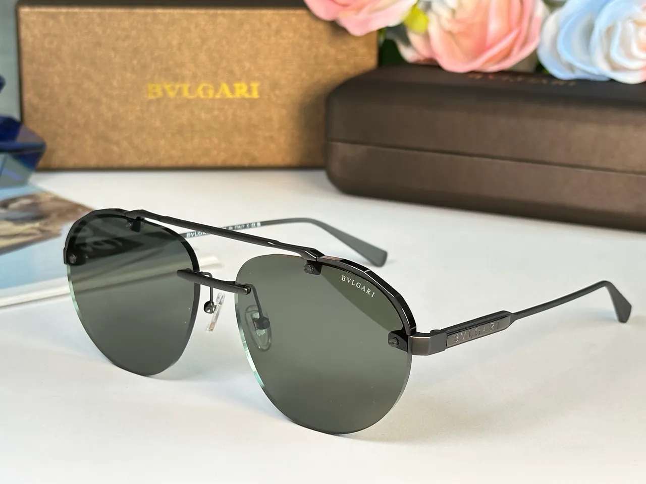 Bvlgari Octo Finissimo Negro Plateado Estilo Aviador Forma Escudo Lentes Gafas de sol 6