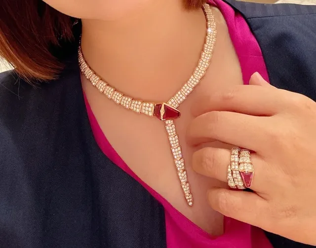 Bvlgari Serpenti Rose Gold Pavé Diamond and Ruby Snake Necklace 6