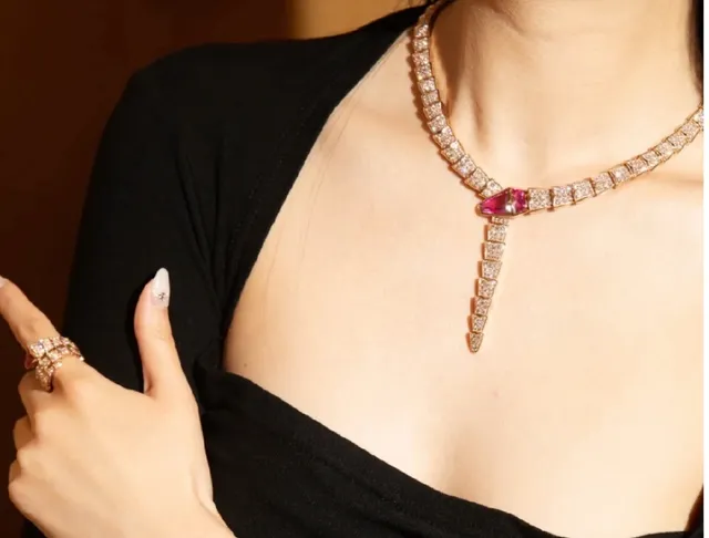 Bvlgari Serpenti Rose Gold Pavé Diamond and Ruby Snake Necklace 9
