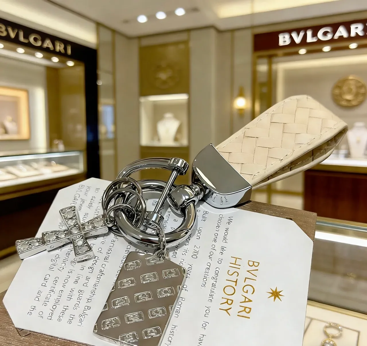 Bvlgari Silver Beige Metal Crystal-Embellished Cross Jewelry 2