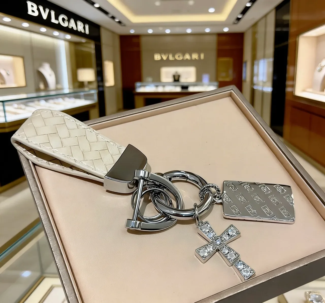 Bvlgari Silver Beige Metal Crystal-Embellished Cross Jewelry 3