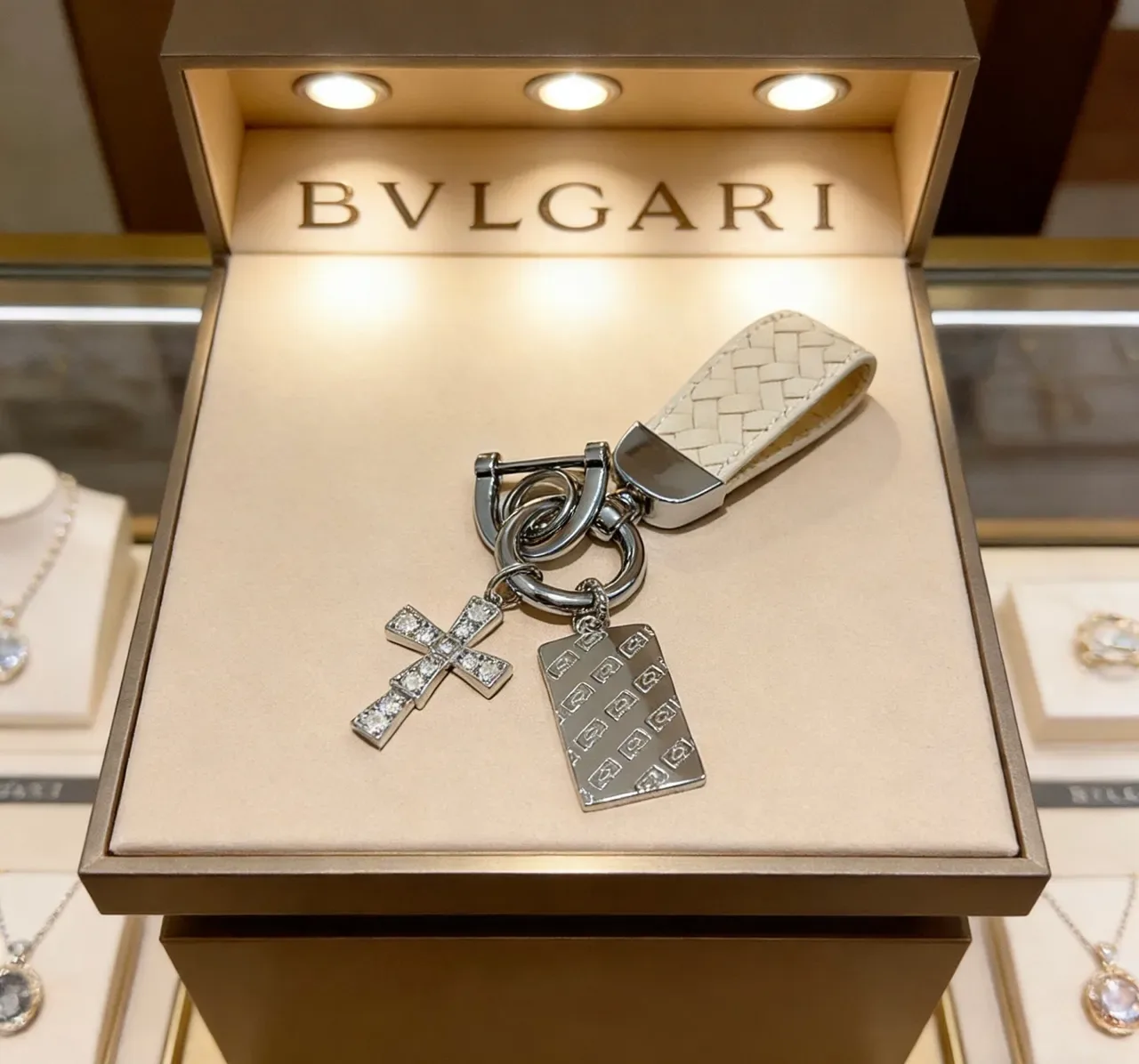 Bvlgari Silver Beige Metal Crystal-Embellished Cross Jewelry 4