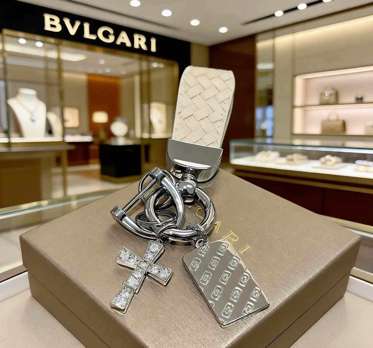 Bvlgari Silver Beige Metal Crystal-Embellished Cross Jewelry 6