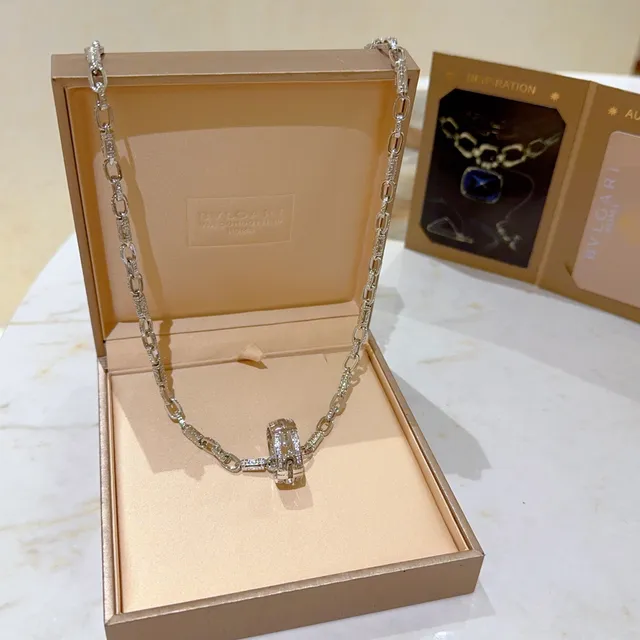 Bvlgari Argent Or Pavé-Set Diamant Chaîne Double Anneau Rotatif Boucle Collier 3