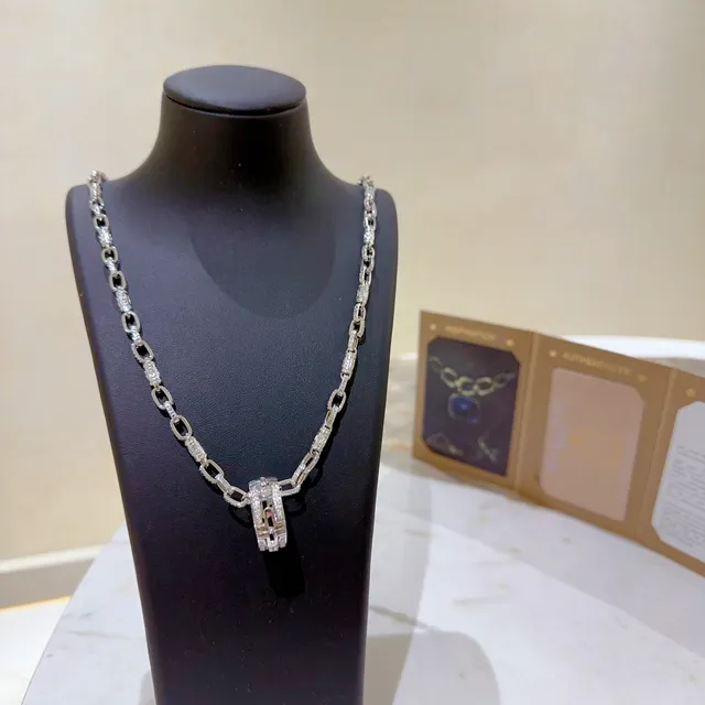 Bvlgari Argent Or Pavé-Set Diamant Chaîne Double Anneau Rotatif Boucle Collier 4