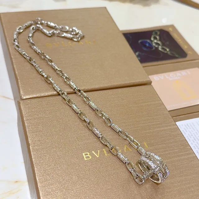 Bvlgari Argent Or Pavé-Set Diamant Chaîne Double Anneau Rotatif Boucle Collier 6