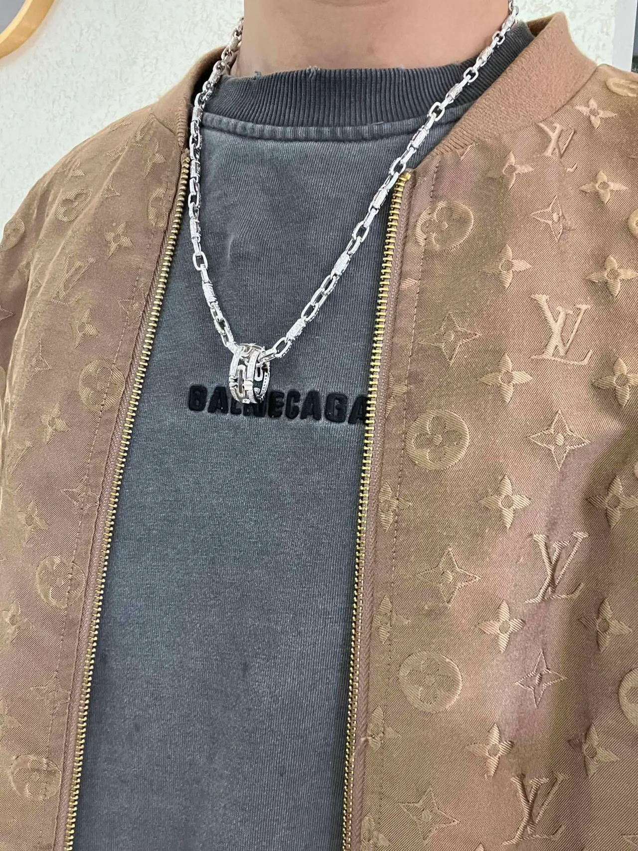 Bvlgari Argent Or Pavé-Set Diamant Chaîne Double Anneau Rotatif Boucle Collier 7