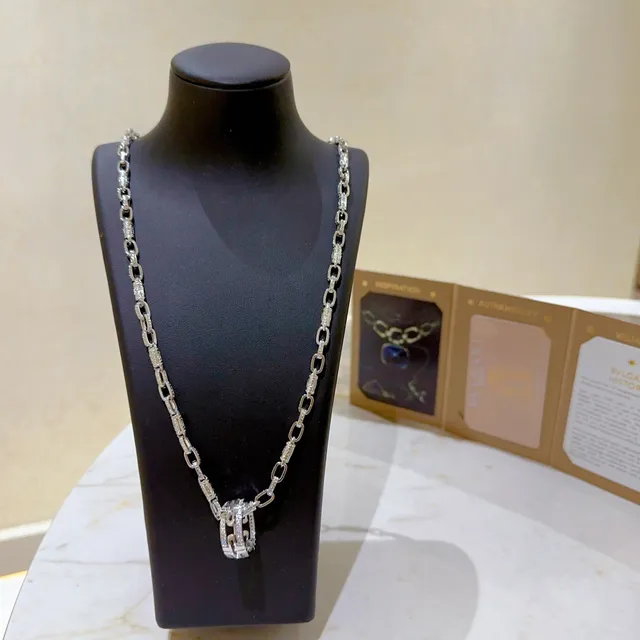 Bvlgari Argent Or Pavé-Set Diamant Chaîne Double Anneau Rotatif Boucle Collier 8