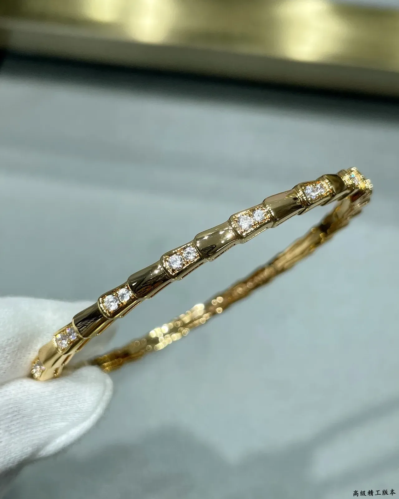 Bvlgari Silver Gold Segmented Bamboo-Link Pavé-Set Bracelet 2