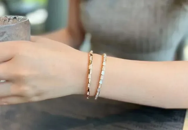 Bvlgari Silver Gold Segmented Bamboo-Link Pavé-Set Bracelet 6