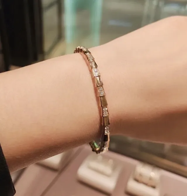 Bvlgari Silver Gold Segmented Bamboo-Link Pavé-Set Bracelet 8