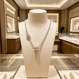 Bvlgari Silver White Chunky Curb Chain Pavé-Set Diamond Bands Necklace