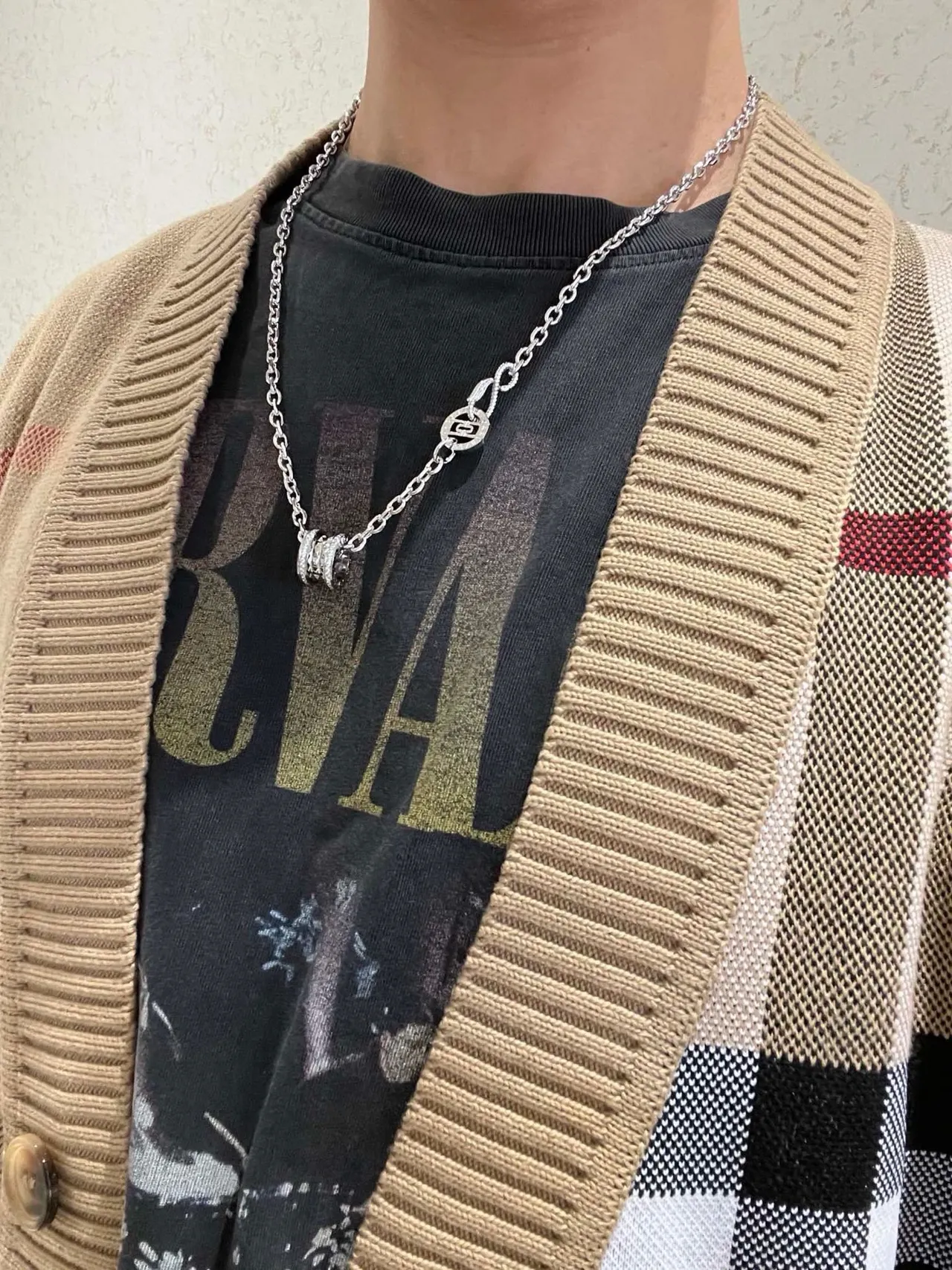 Bvlgari Collier Chaîne Curb Chunky Argent Blanc Bandes Pavé Diamantes 7
